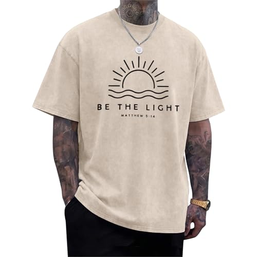 Christian Be The Light Shirts for Men Jesus God Faith Religious Bible Verse T Shirt Oversized Acid Wash Graphic Tees - color: Apricot, size: Large