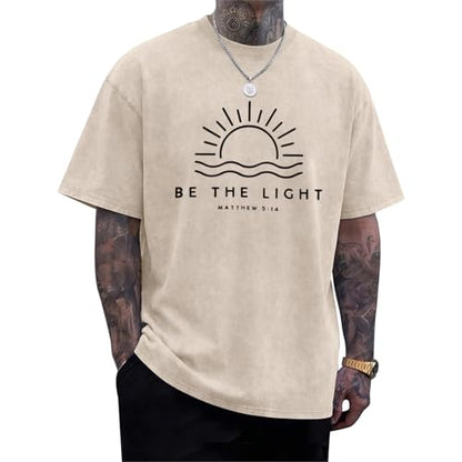 Christian Be The Light Shirts for Men Jesus God Faith Religious Bible Verse T Shirt Oversized Acid Wash Graphic Tees - color: Apricot, size: Large