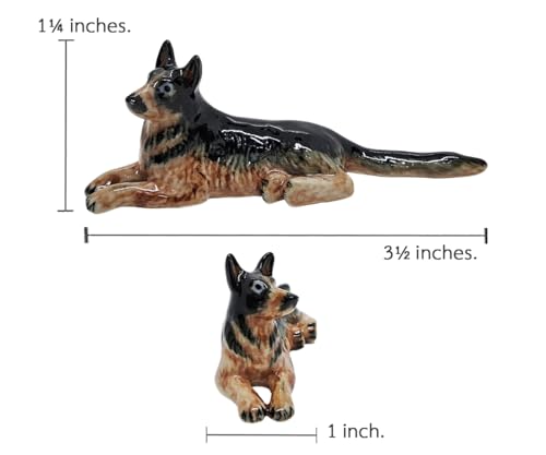 WitnyStore Tiny 3½" Black Brown Lying German Shepherd Alsatian Dog - Miniature Hand Made Painted Ceramic Dogs Puppy Hound Canine Animals Cute Porcelain Decorative Collectible Figures Décor Gifts