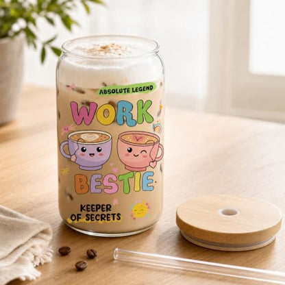 Work Bestie Gifts Glass Cups - Glass Tumbler with Straw and Lid, Cute Coworkers Gift for Women Sister Bestie Best Friend Colleague Teacher Birthday Graduation Christmas Appreciation - style: work bestie