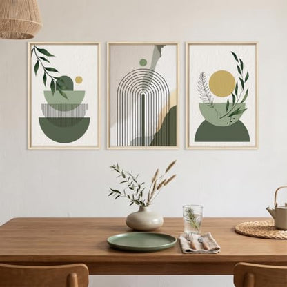 HOURIA Boho Sage Green Geometric Framed Canvas Wall Art Set- 16"x24"x3 - color: Boho Sage Green Wall Art, size: 16"L x 24"W