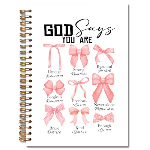 God Says You Are Christian Spiral Notebooks, Coquette Pink Bow Bible Journal, Scripture Journals for Writing, Girly Office Supplies, Religious Notebook for Note Taking, 5.5x8.3 Inch - color: white Bible Notebook-14