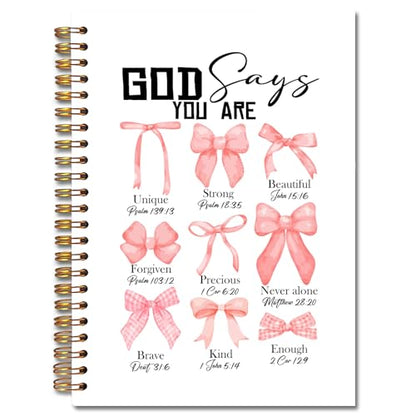 God Says You Are Christian Spiral Notebooks, Coquette Pink Bow Bible Journal, Scripture Journals for Writing, Girly Office Supplies, Religious Notebook for Note Taking, 5.5x8.3 Inch - color: white Bible Notebook-14