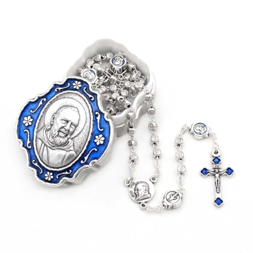 Catholic Rosary Beads with Metal Keepsake Gift Box Set - color: Padre Pio Cube