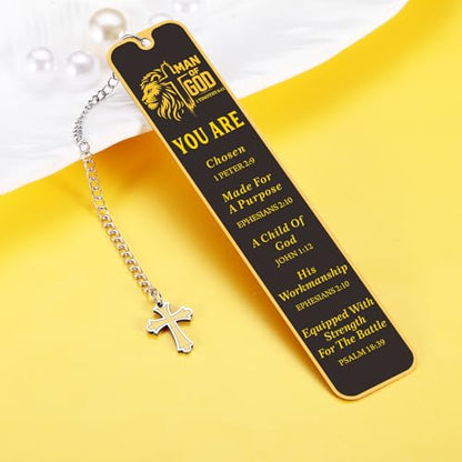 Christian Bookmark for Men, Inspirational Lion Bible Verse Bookmark with Cross Pendant, Religious Scripture Verse Bookmarks for Man Accessories Church Fathers Day Baptism Easter for Pastor Men - style: you are chosen
