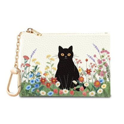 Black Cat Floral Keychain Coin Purse for Women Small Change Pouch - color: Black Cat and Flower