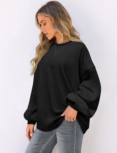 UEU Women Oversized Striped Crewneck Sweatshirt Long Sleeve Casual Pullover - color: Black, size: Small