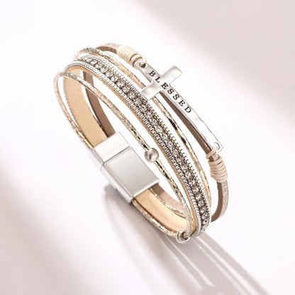 LINGYUAN Cross Bracelet for Women, Leather Religious Christian Jewelry - color: Gold