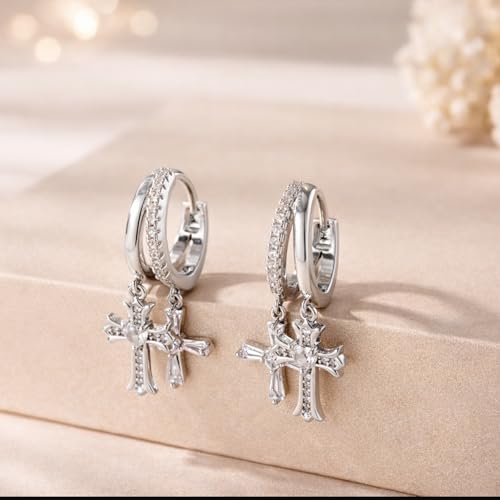 Double Huggie Hoop Earrings with Charms Cross Dangle Earrings Gold/Silver Double Cross Drop Hoop Earrings for Women Men Trendy - style: Style A-Silver