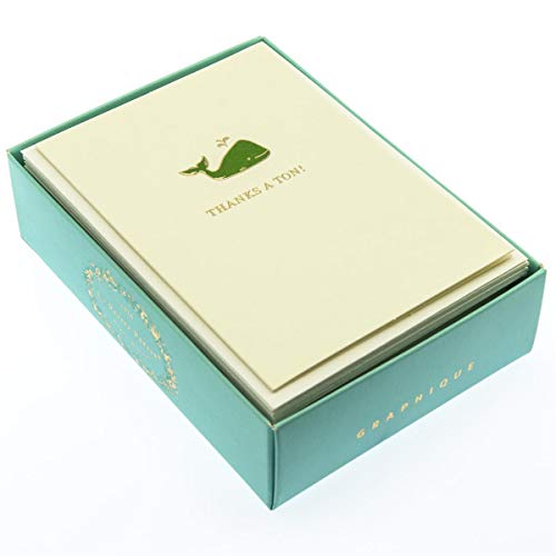 Graphique Whale La Petite Presse Boxed Notecards - 10 Elegant Embossed Green Whale Thanks a Ton! Thank You Cards with Matching Envelopes, 3.25" x 4.75" - color: Whale