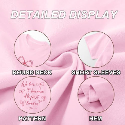 Christian Faith Bow Shirts for Women Cute Coquette Shirt Jesus Religious Tshirts Bible Verse Oversized Graphic Tee - color: Pink, size: Medium