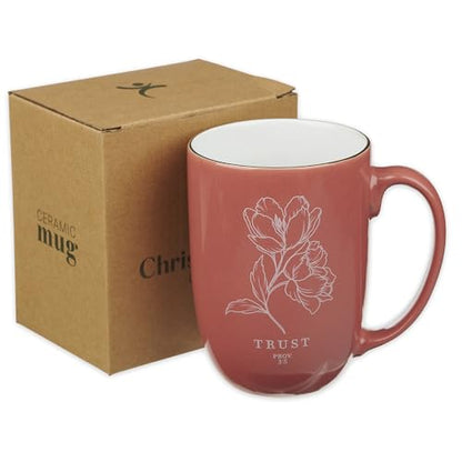 Christian Art Gifts Large Ceramic Coffee Mug for Women: Proverbs 3:5 - color: Pink Floral/Trust