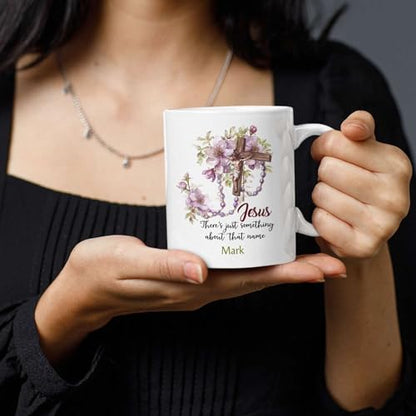Personalized 11oz & 15oz Ceramic Coffee Cup With Cross & Rosary Design, Customized Name Christian Coffee Mug - color: XUA-324-1555-HOLY CROSS ROSARY MUG
