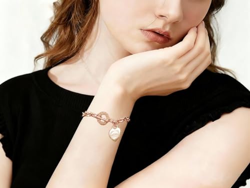 Heart Charm Bracelet Plated 18K Gold/Silver/Rose Gold Bible Scripture Heart Bracelet for Women Jewelry Gift Her Link Chain OT Clasp Stainless Steel - color: Rose Gold（8.1 inch ）