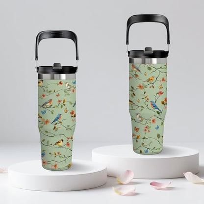 30oz Floral Insulated Tumbler with Straw Lid, Bird Lover Tumbler for Women - color: Bird1