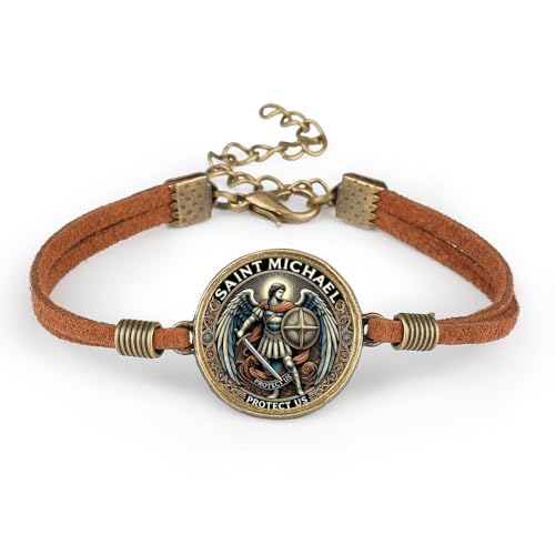 2 Pcs Archangel Saint Michael Leather Bracelet Set - Zinc Alloy Crystal Glass Pendant, Lucky Protection Jewelry, Adjustable Chain, Vintage Style