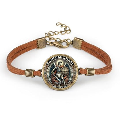 2 Pcs Archangel Saint Michael Leather Bracelet Set - Zinc Alloy Crystal Glass Pendant, Lucky Protection Jewelry, Adjustable Chain, Vintage Style