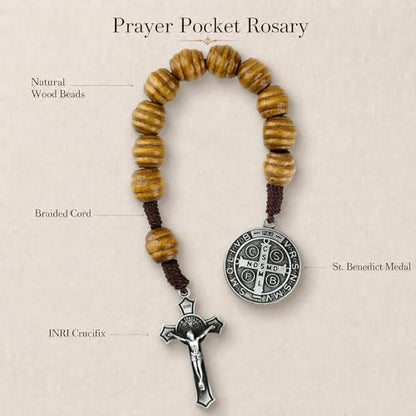 8 Inch Wooden Pocket Rosary for Men, Rosario with Saint Benedict Medal - color: Black