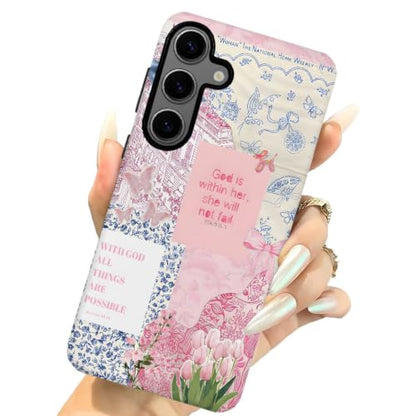 Compatible with Samsung Galaxy S24,2-in-1 Frosted Phone Cover Shockproof Case - Bible Verse Pink Tulip Flowers - color: Bible Verse Pink Tulip Flowers, size: Samsung Galaxy S24