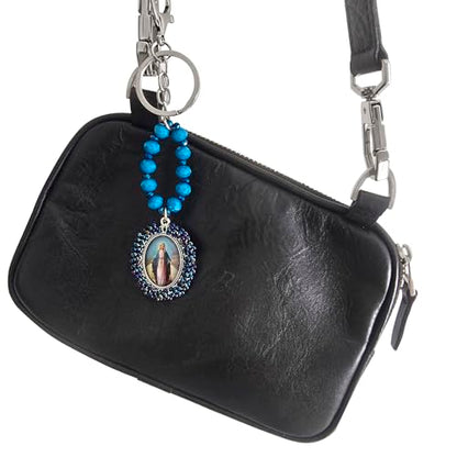 Sabeli Handmade Keychain Clip Holder - Catholic Rosary Bead Prayer - Religious Gifts Men Women - Llavero Catolico Regalo - color: Virgin Mary Dark Blue