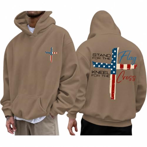 Tuislay Mens Christian Stand for The Flag Kneel for The Cross Hoodies Jesus Faith American Flag Sweatshirts Religious Sweater - color: Coffee, size: Medium