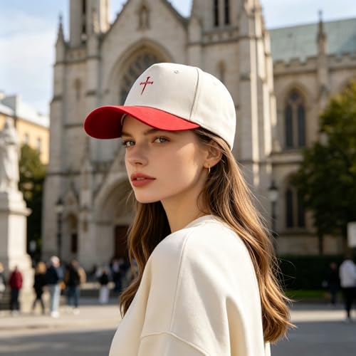 Embroidered Christian Two-Tone Baseball Cap for Men & Women, Adjustable Dad Hat Christmas Easter Gift - color: Jesus 3 Nail Cross Shape, Red/Beige