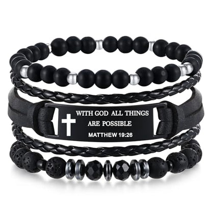 Mens Cross Bead Braided Genuine Leather Bracelet, Black Gemstone Agate Onyx Beaded Rosary Obsidian Bangle, Faith Religious Easter Catholic Christian Communion Baptism Christmas Jewelry Gift for Men - color: Set-Matthew 19:26