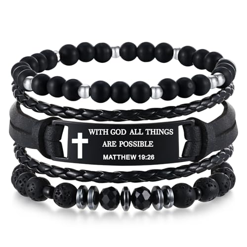 Mens Cross Bead Braided Genuine Leather Bracelet, Black Gemstone Agate Onyx Beaded Rosary Obsidian Bangle, Faith Religious Easter Catholic Christian Communion Baptism Christmas Jewelry Gift for Men - color: Set-Matthew 19:26