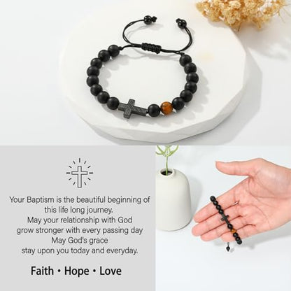 P. BLAKE Cross Bracelet for Boys Men, American Flag Cross Natural Beads Bracelet Christian Religious Birthday Jewelry Gifts for Teen Boys - style: Baptism