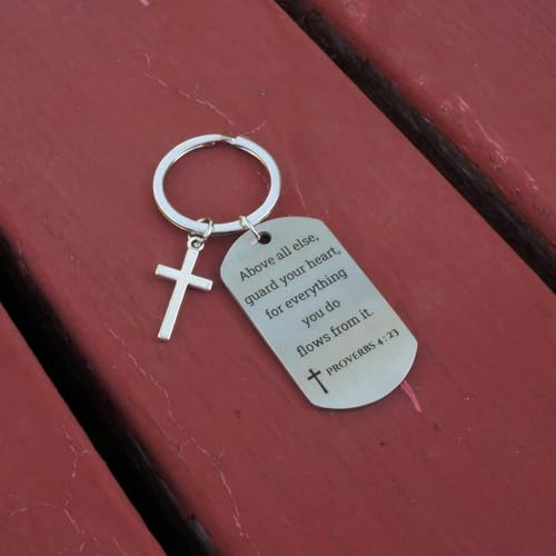 Inspirational Scripture Keychain with Cross - Bible Verse Matte Key Chain Religious Gift for Christian - style: Proverbs 4:23