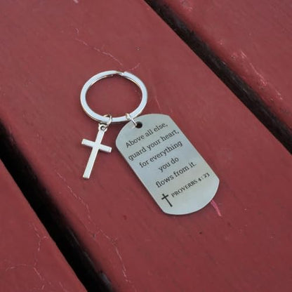 Inspirational Scripture Keychain with Cross - Bible Verse Matte Key Chain Religious Gift for Christian - style: Proverbs 4:23
