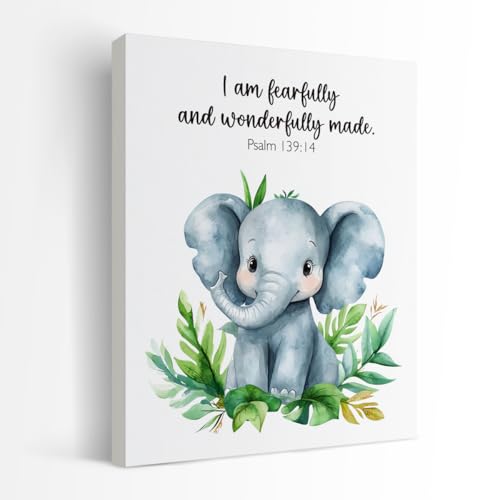 SZERE Woodland Nursery Animals Bible Verse Canvas Wall Art Decor Prints Posters, Cute Baby Elephant Forest Nursery Room Bedroom Bathroom Playroom Wall Art Decor for Nursery Kids Teen Girls Gifts, Christian Psalm 91 Wall Art Classroom Wall Decor, Canvas Fr