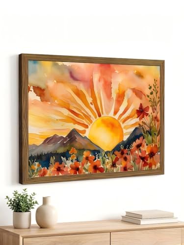 LBTZEVIR Framed Boho Sunset Wall Art 16x12 Inch Painting Poster Prints - color: The Sun, size: 16"L x 12"W