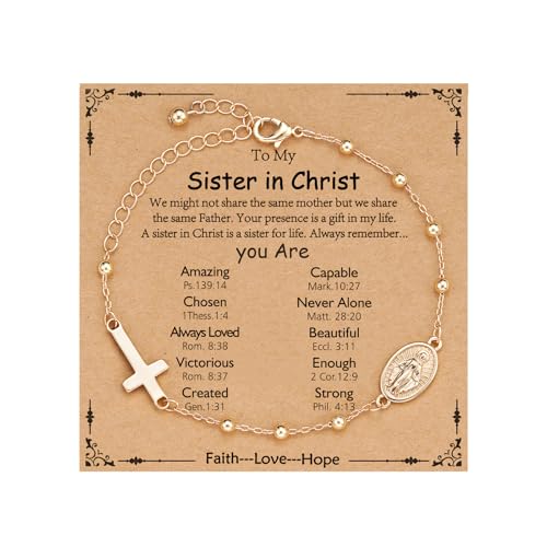 Gnamy Happy 13th 15th 16th 21th 30th 40th 50th Birthday Bracelet Gifts for Women Girls, 14k Gold Plated Virgin Mary Cross Bracelet Catholic Religious Friendship Jewelry for Her - style: To MY Sister in Christ