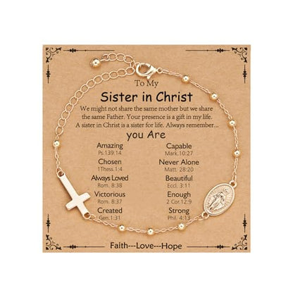 Gnamy Happy 13th 15th 16th 21th 30th 40th 50th Birthday Bracelet Gifts for Women Girls, 14k Gold Plated Virgin Mary Cross Bracelet Catholic Religious Friendship Jewelry for Her - style: To MY Sister in Christ