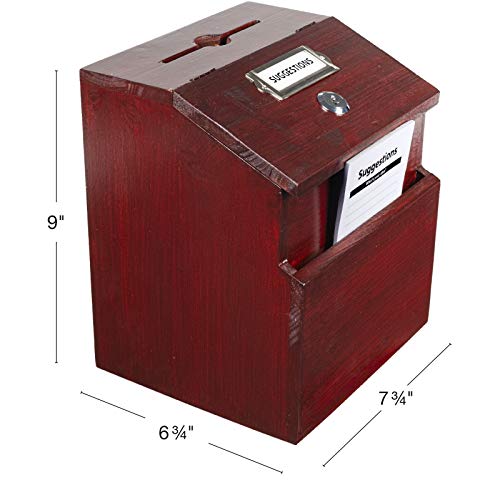 EXCELLO GLOBAL PRODUCTS Red Mahogany Suggestion Box with Lock: Wooden Ballot Comment Box, Wall Mounted or Freestanding. Includes Printed Labels & Suggestion Pads Cards