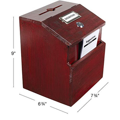 EXCELLO GLOBAL PRODUCTS Red Mahogany Suggestion Box with Lock: Wooden Ballot Comment Box, Wall Mounted or Freestanding. Includes Printed Labels & Suggestion Pads Cards
