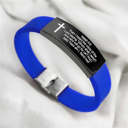 Bible Verse Isaiah 6:8 Bracelets - 2Pcs Inspirational Isaiah 6 8 Cuff Bracelet with Cross Symbol Christian Jewelry Silicone Wristband with Bible Quote For Men Women - color: Blue+Red