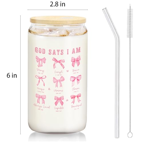 Coquette Pink Bow Christian Glass Cup with Lids and Straws 14oz, Christian Gifts for Women, God Says I am Bible Verse Glass Iced Coffee Tumbler Drinking Jars with Cleaning Brush - color: Pink Bow5