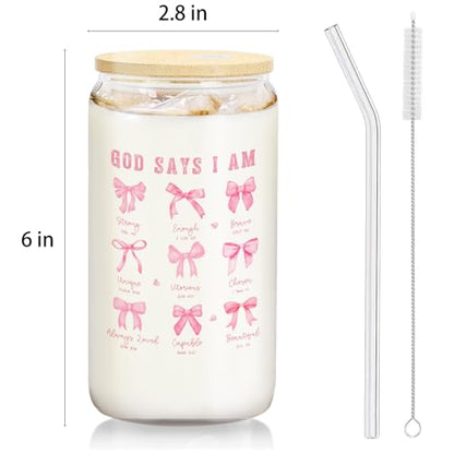 Coquette Pink Bow Christian Glass Cup with Lids and Straws 14oz, Christian Gifts for Women, God Says I am Bible Verse Glass Iced Coffee Tumbler Drinking Jars with Cleaning Brush - color: Pink Bow5