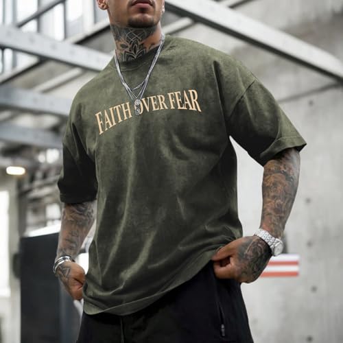 Mens Faith Over Fear Christian Shirts Jesus God Religious Bible Verse Cross Tshirt Oversized Acid Wash Graphic Tees - color: Army Green, size: X-Small