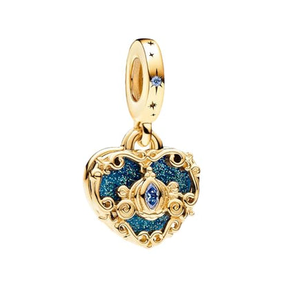LUXILLA 925 Sterling Silver Charm Golden Family Tree Sparkling Cross Cute Dragon Charms Fits Bracelets Necklace Pendant Bead Jewelry Gift for Women Family Friends - color: Cinderella's Carriage Heart Charm