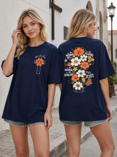 Christian Shirts Women Oversized Jesus God T Shirts Bible Verse Tees Tops - color: A-navy, size: X-Large