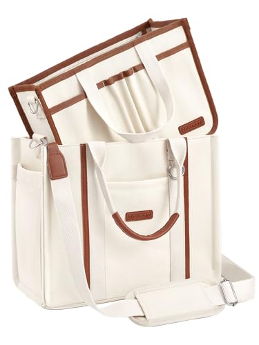 FIORETTO Women’s Canvas Tote Bag Purse with Zipper, Multi Compartment & Reinforced Bottom, Ideal for Work, Bible, Travel - color: Beige, size: Large, style: Detachable Organizer