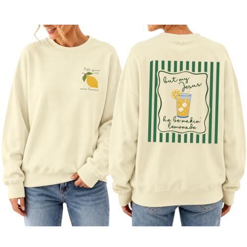 BINTEHGS Christian Sweatshirts For Women My Jesus Making Lemonade Graphic Faith Crewneck Pullover Religious Long Sleeve Shirt - color: Apricot, size: Small