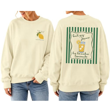 BINTEHGS Christian Sweatshirts For Women My Jesus Making Lemonade Graphic Faith Crewneck Pullover Religious Long Sleeve Shirt - color: Apricot, size: X-Large