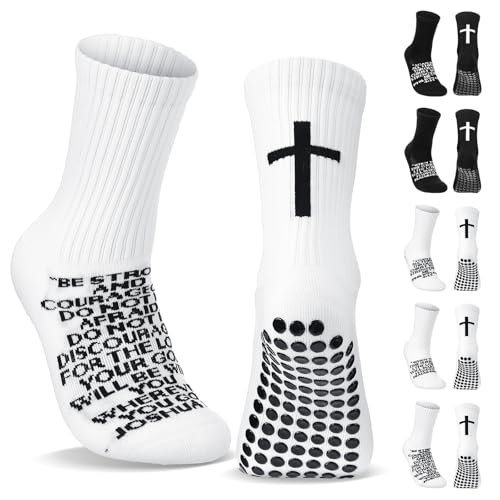 Glitopper Men's Cross Grip Soccer Socks Christian - color: White, style: Joshua 1:9