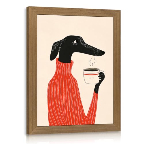 OPFDE Wood Framed Funny Dog Coffee Wall Art, Mid Century Modern Abstract Animal Wall Decor, Minimalist Coffee Bar Poster Print, Cozy Coffee Lover Artwork for Kitchen Living Room Office 8x10 Inch - color: BlackDog, size: 10"L x 8"W