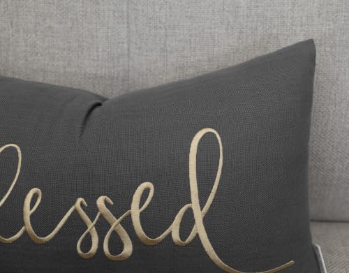 EURASIA DECOR Blessed Embroidered Lumbar Pillow Cover 12x20, Dark Grey - color: Dark Grey