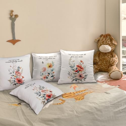 Bible Wildflowers Decorative Pillow Covers Set of 4 - Floral Christian Bible Verse Pillow Covers with Sayings, Spring 18x18, Encouraging Gifts for Women